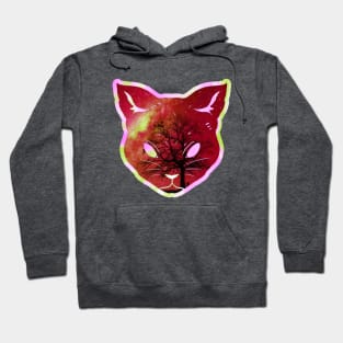 Red starry sky tree silhouette prismatic iridescent cat Hoodie